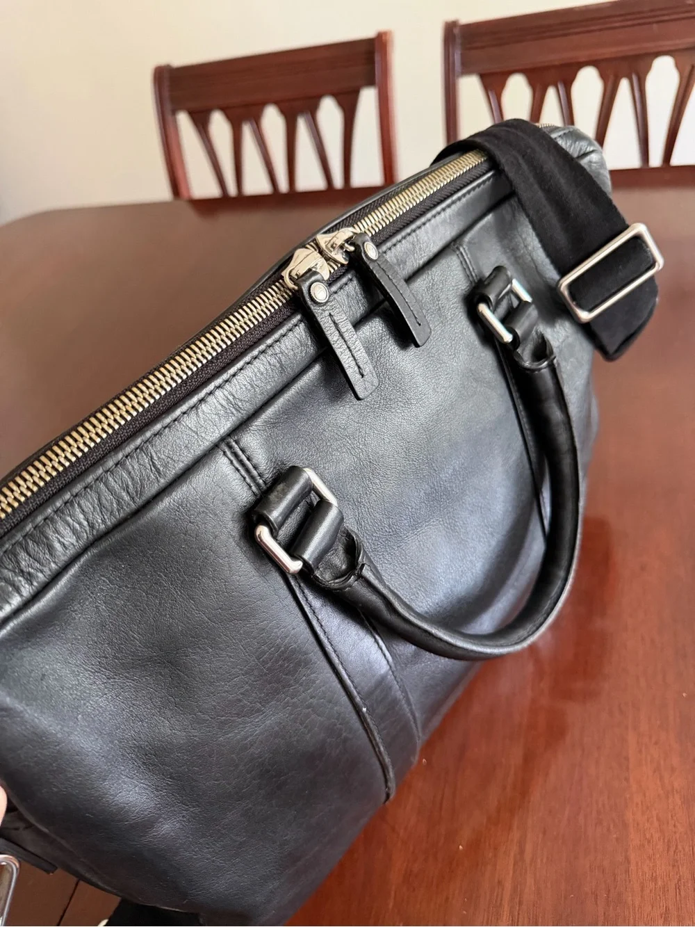 Shinola Black Leather Computer Briefcase with Removable Strap